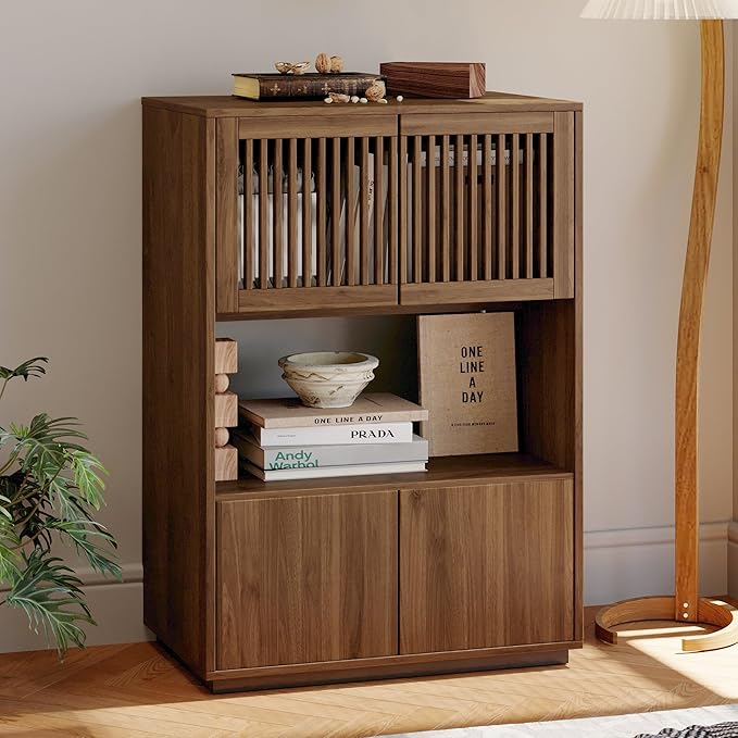 NessCarsti 33.46" Mid-Century Modern Wooden Storage Cabinet, Freestanding Buffet Sideboard with Grille Striped Doors, Open Shelf and Enclosed Compartments, Walnut for Dining Room, Kitchen, Living Room