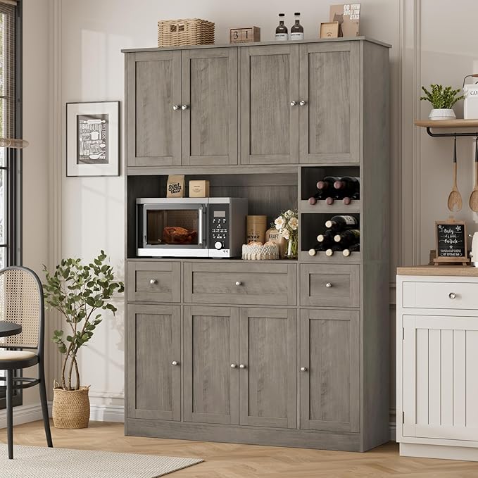 Pantry Organizers and Storage Cabinet, 72??Tall Kitchen Pantry Storage Cabinet with Microwave Stand, Wine Rack, Drawers and Adjustable Shelf for Dining Room, Living Room, Home BarAsh Grey