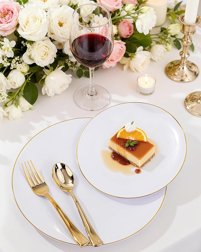 Nervure 100 Pieces Gold Plastic Plates - 10.25 inch Gold Dinner Plates - Heavyweight White and Gold Disposable Plates Ideal for Wedding & Party & Thanksgiving