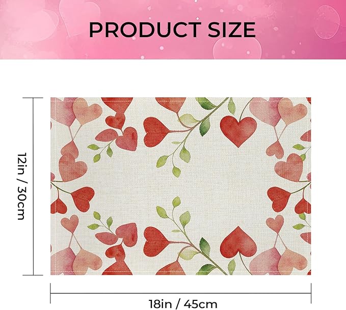 Valentine Placemats Set of 4, 12x18 Inch Floral Love Hearts Table Mats, Seasonal Anniversary Holiday Valentines Day Table Decorations for Kitchen Dining Home Party Decor