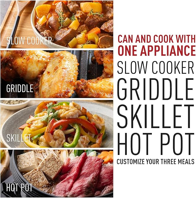 Slow Cooker, Techwood Electric Skillet 7.5-Quart Extra-large Capacity Multi-Cooker with 5-Level Heat Settings, Come with Non-stick Skillet Pan & Cooking Pot, Dishwasher Safe, Black