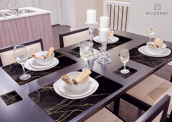 Moderry Set of 4 Heat Resistant Cork Placemats for Dining Table with Free Set of 4 Matching Drink Coasters Marble Design 16 x 12 Inches Cork Backed Hard Placemats (Black & Gold)