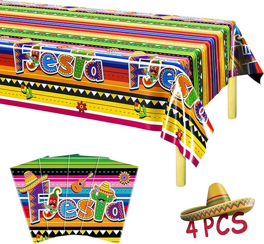 4 PCS Cinco De Mayo Tablecloth, 108"x54" Mexican Fiesta Tablecovers, Disposable Mexican Striped Table Covers, Plastic Party Table Cloth for Mexican Themed Party Supplies Carnival Taco Night Birthday