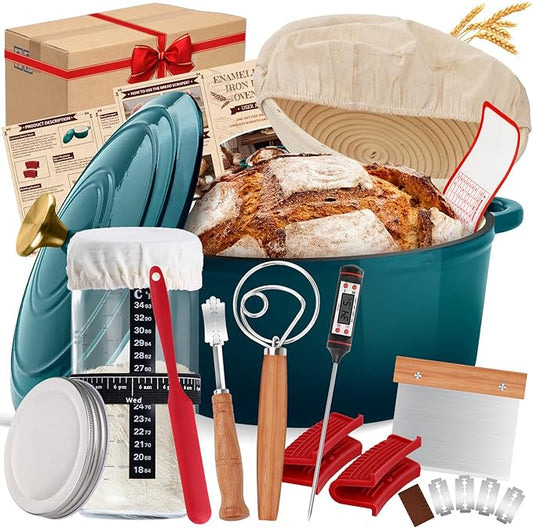 Enameled Cast Iron Dutch Oven Pot with Lid, Incl. Sourdough Bread Baking Supplies Like Banneton Bread Proofing Basket, Starter Jar, Scoring Tool Lame, 5QT Dutch Oven for Bread Baking, Oven Safe up to 500째F