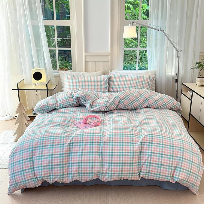 LifeTB Gingham Comforter Set King 3 Pieces Multi-Colored Grid Comforter Lightweight Checkered Plaid Comforter Set with 2 Pillowcases Fluffy Soft Grid Printed Pattern Farmhouse Gingham Bedding Set