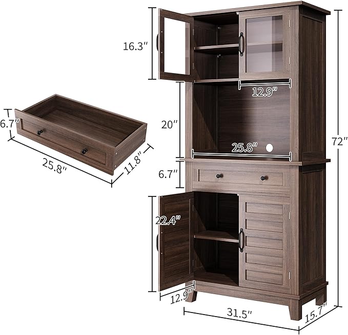 Elegant Brown Modern Wood Pantry Coffee Cabinet with Ample Storage, Spacious 72" Tall Kitchen Bar Cabinet Hutch Featuring 4 Stylish Glass Doors & 1 Smooth Drawer, Versatile Stand-Alone Food Pantry