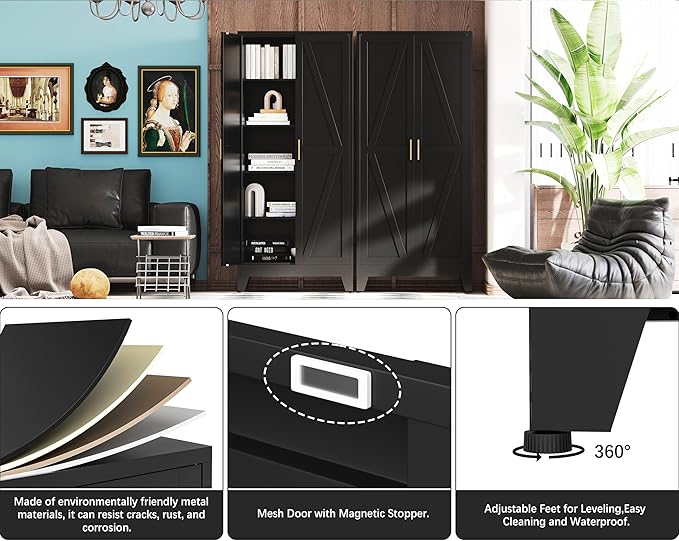 71" H Black Pantry Kitchen Cabinet with Doors,Black Metal Storage Cabinets,Freestanding Pantry Cabinet,Farmhouse Food Storage Cabinets,Tall and Large Pantry Cabinets for Kitchen, Dining Room