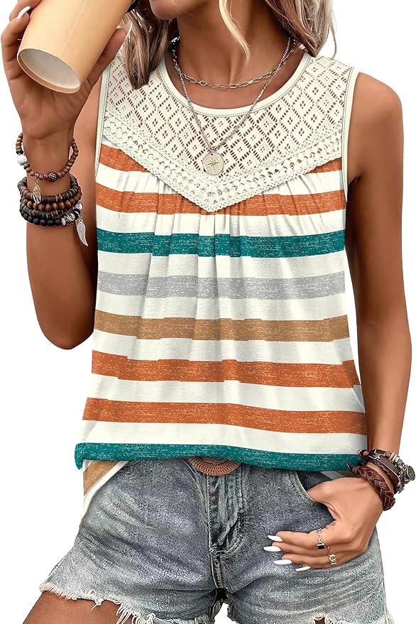 XIEERDUO Womens Tank Tops Sleeveless Lace Crochet Boho Tops Loose Fit Pleated Tunics Crewneck Summer Vacation Outfits Flowy