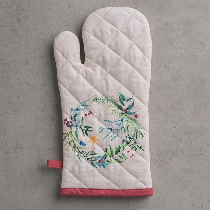 Maison d' Hermine Oven Gloves 100% Cotton Oven Mitt 7" x 13" with Loop Heat Resistant BBQ Cooking Gloves for Thanksgiving Christmas Decorations Baking Handling Hot Pans (Pack of 1, Holly Time)
