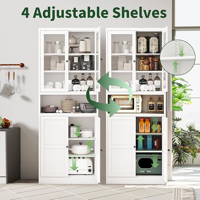 72" Tall Kitchen Pantry Cabinet,White Metal Pantry Cabinet with Countertop & 4 Adjustable Shelves,Utility Storage Cabinet Rust-Resistant for Living Room,Dining Room,Bathroom,Garage,Basement