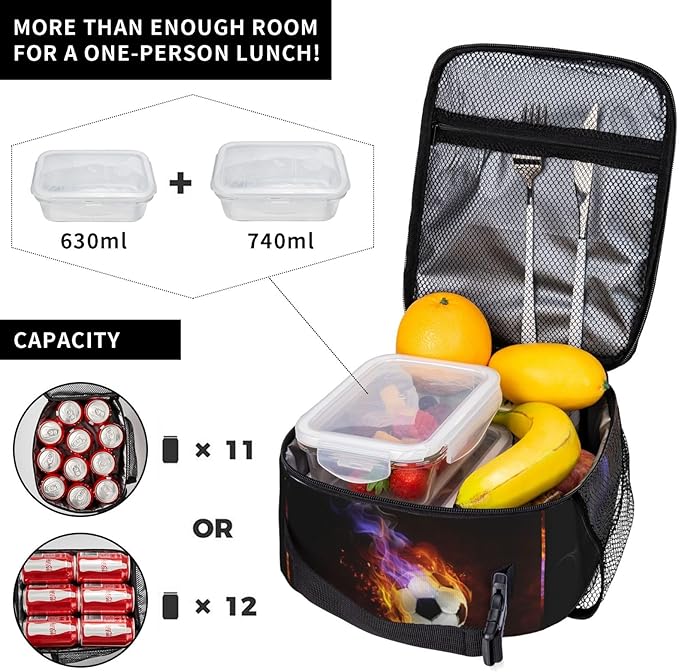YIJIUWKIS Boys Insulated Lunch Box with Fire Soccer Pattern Print, Sports-themed Lunch Bags with Water Bottle Holder for Adults Kids Teens, Reusable Portable Tote Meal Bags Gifts for Son Daughter