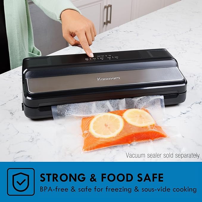 Kenmore Vacuum Sealer Bags - Food Sealing Plastic Rolls 3-8x10, 4-8x20, 11x16 size bolsas, Airtight Packaging Fresh Vegetable, Sous Vide & Meat Storage For Travel, BPA Free Heavy Duty Precut Bags