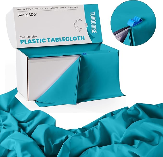 Party Solids 54 Inch X 300 Feet Turquoise Plastic Table Cover Roll in A Cut - to - Size Box with Convenient Slide Cutter. Cuts Up to 36 Rectangle 8 Feet Plastic Disposable Tablecloths