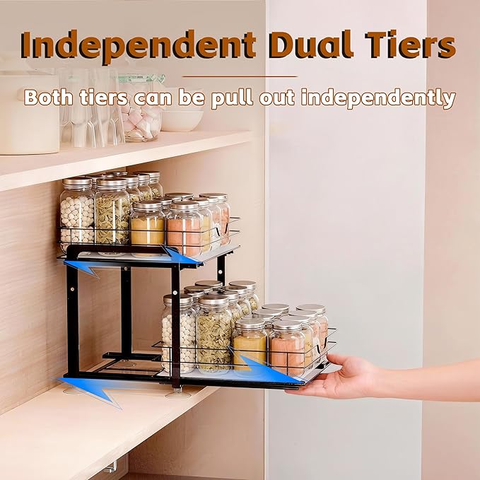 Spice Rack Organizer for Kitchen, Pull Out Spice Racks for Inside Cabinets, 2 Tier Spice Shelf Organization for Cabinet Seasoning, No Drilling Install for Home Kitchen Space Saving, 1 Pack