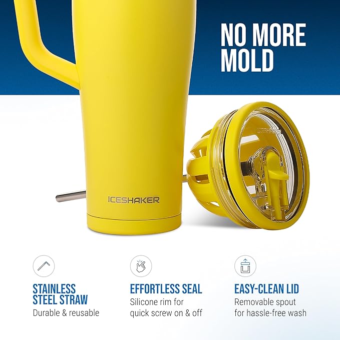Ice Shaker 40 oz Tumbler with Handle and Straw | 40oz Yellow | Cold for 30+ Hours | 2-in-1 Tumbler Shaker Bottle | Odor-Free 40 ounce Bottle for Water, Protein Shakes, Smoothies, Cocktails