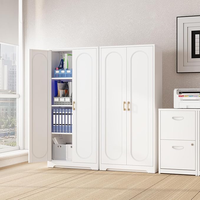Kitchen Pantry Cabinet,60?쒶etal White Storage Cabinets with Doors and Shelves,Tall Cabinet with 2 Gold Hands for Dinning Room,Living Room