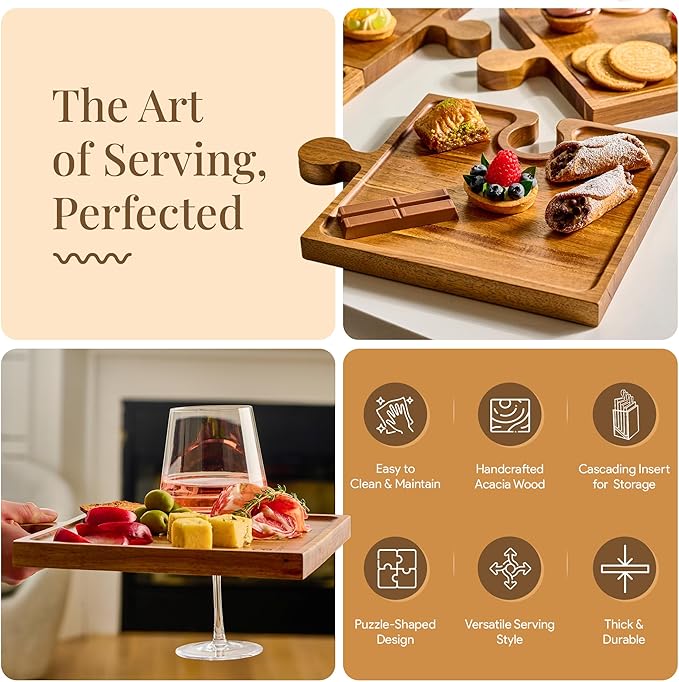 Wooden Charcuterie Boards, Appetizer Tray for Parties & Cutting Board with Handle, Set of 4, Acacia Wood Board, Wine Gifts, Wine Accessories, Interlocking Puzzle Serving Tray w/Storage Box