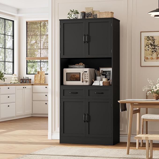 HOSTACK 71??Tall Kitchen Pantry Storage Cabinet, Modern Kitchen Hutch Bar Cabinet with Microwave Stand, Wood Buffet Sideboard with Hutch, Cupboard with Drawers, Shelves for Dining Room, Black
