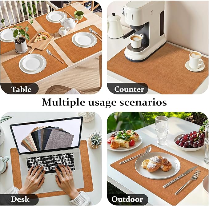 FROMHEART Faux Leather Placemats Set of 6?밯aterproof,Heat/Oil Stain-Resistant PU Table Mat?밨eversible,Non-Slip,Easy to Clean Place Mats for Kitchen,Dining,Indoor/Outdoor,(Orange-Grey,11.8" x 17")