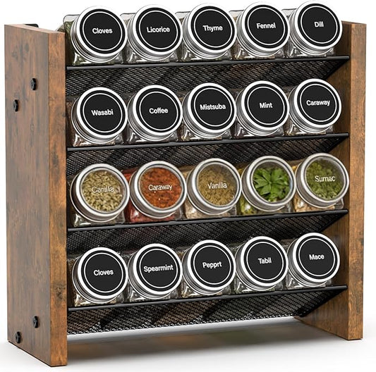 NESAPTO Spice Rack Organizer for Cabinet, Wooden 4 Tier Vertical Seasoning Organizers for Kitchen Pantry, Countertop/Wall Mount, Holds 20 Spice Jars (No Jars Included),10.3" W 횞 9.4" H