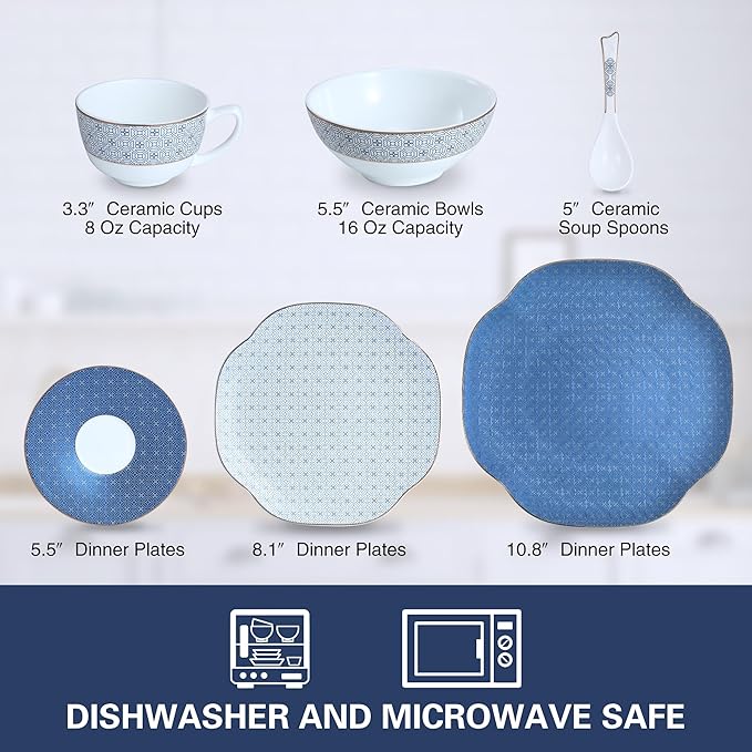 Blue 24 Piece Porcelain Dinnerware Set,Bone china for 4, Plates and Bowls Sets With Grid pattern, Highly Chip and Crack Resistant | Dishwasher Safe Dishes Set (Deep Blue + Grid)