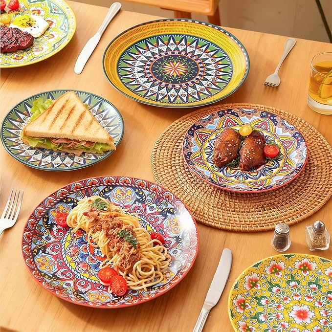 6-Piece Bohemian Dinner Plate Set, 10-Inch Large Plates, Suitable for Salad, Fruit, Pasta, and Main Courses, Party Tableware Set, Dishwasher and Microwave Safe