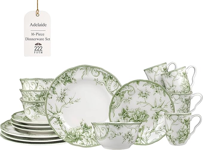 222 Fifth Adelaide Moss 16-Piece Porcelain Dinnerware Set ??Service for 4, Plates, Bowls & Mugs, Hand-Applied Decal, Microwave & Dishwasher Safe, for Everyday Dining & Entertainment
