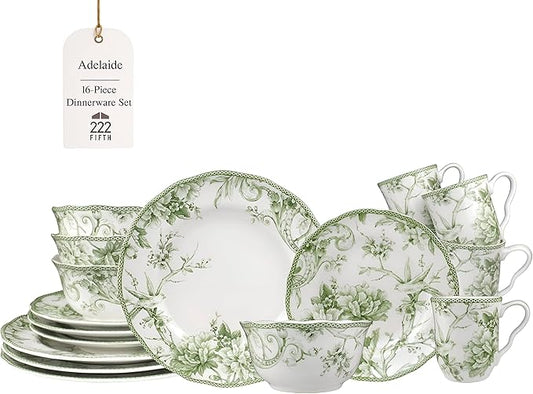 222 Fifth Adelaide Moss 16-Piece Porcelain Dinnerware Set ??Service for 4, Plates, Bowls & Mugs, Hand-Applied Decal, Microwave & Dishwasher Safe, for Everyday Dining & Entertainment