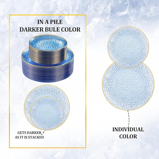 SUT 100Pcs Blue Plastic Plates, Hammered Plates Disposable Heavy Duty, Blue Disposable Plates With Gold Rim, Fancy Plastic plates Include 50 Dinner plate and 50 Dessert plates for Wedding