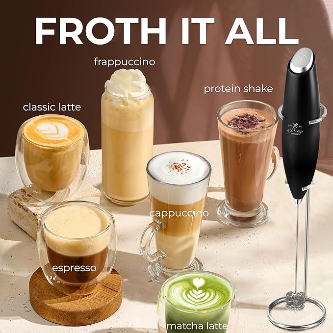 Zulay Kitchen Patented Tornado Triple Whisk Milk Frother with 4 Duracell Batteries ??Handheld Foam Maker for Coffee, Lattes, Matcha & Hot Chocolate ??Rich, Creamy Froth in Seconds