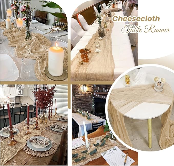 4 Pack Beige Cheesecloth Table Runner 20 x 120 inch Gauze Table Runners 10 FT Long,Semi Sheer Boho Cheese Cloth Fabric Table Runner Bulk for Party,Wedding,Baby Shower,Bridal Shower Decoration