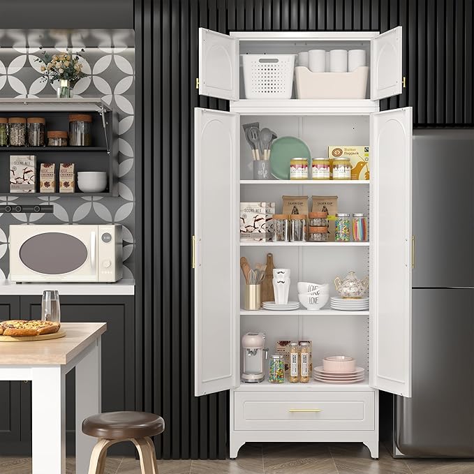 Kitchen Pantry Cabinet竊?0" Storage Cabinets with Doors and Shelves,Metal Pantry Cabinet with Drawers,White Kitchen Cupboard for Livingroom,Pantry, Bathroom