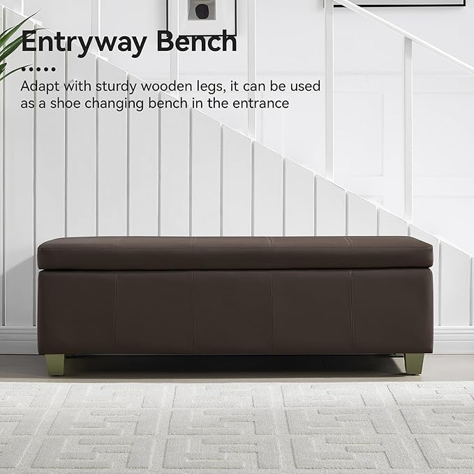 WUTUTUEE 51" Faux Leather Storage Ottoman, Stitch Tufted Rectangle Upholstered End of Bed Storage Bench, Entryway Large Couch Ottoman with Wooden Legs,Brown