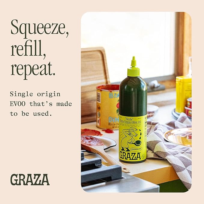 Graza Sizzle Extra Virgin Olive Oil, Cooking Oil - High Polyphenol Peak Harvest EVOO Cooking Oil in a Squeeze Bottle - Single Farm Olives from Spain - 16.9 Fl Oz (500ml)