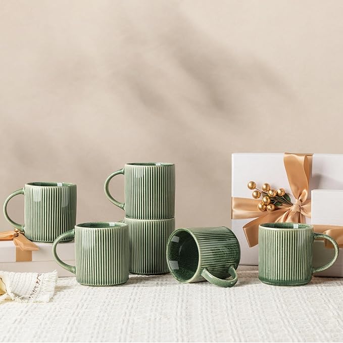 GBhome Coffee Mugs Set for 6, 11oz Coffee Cups with Handle for Man,Woman,Dad,Mom, Stoneware Mugs Sets for Coffee, Latte,Tea, Hot Cocoa, Milk, Dishwasher&Microwave Safe, Dark Green