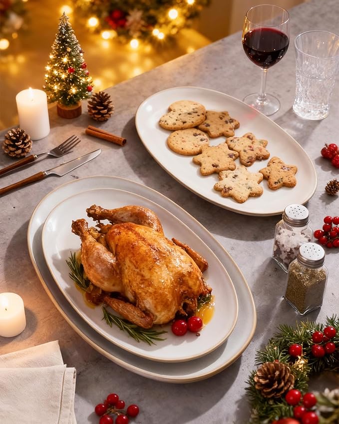 famiware Serving Platter, Oval 15.59/14.3/12.9 inch Serving Dishes for Entertaining, Serving Bowls, Microwave Safe, Stonware Serving Trays for Party, Turkey, Cheese, Ocean Series, Cappuccino White