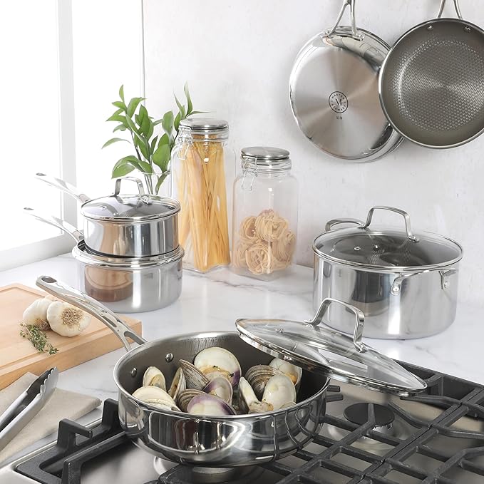 Martha Stewart Badgley Hybrid Nonstick 10 Piece TriPly Stainless Steel Pots and Pans Non-Toxic Kitchen Cookware Set - Laser Etched Perfect Sear Nonstick W/Stay Cool Handle Dishwasher & Induction Safe