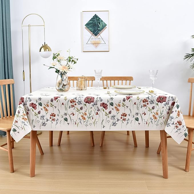 LOHASCASA Vinyl Rectangle Tablecloth Farmhouse Summer Vinyl Oil Cloth Table Cover Plastic Waterproof Tablecloths Spillproof Wipeable PVC Table Cloth for Kitchen Tables 54 x 70 Beige Floral Bird