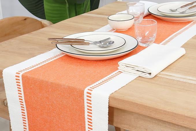 PurpleEssences Table Runner - Wide with Dobby Stripe, Heavy Ribbed Weave & Double Knot Fringes, 14x72 Inch (14x77.5 with Fringes) Farmhouse Decor - Christmas Holiday Winter - Orange and H.White