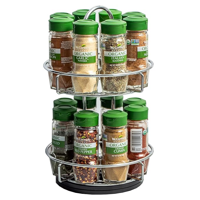 McCormick Gourmet Two Tier Chrome 16 Piece Organic Spice Rack Organizer with Spices Included, 18.55 oz | Gourmet, Organic, Organizer, with Spices Included