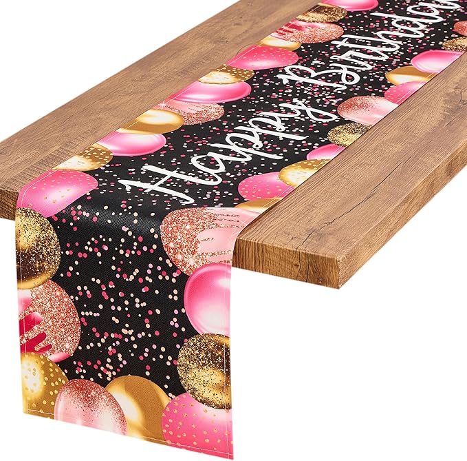 Letjolt Golden Rose Pink Balloon Happy Birthday Table Runner 72 Inches Celebrate Birthday Party Table Decor