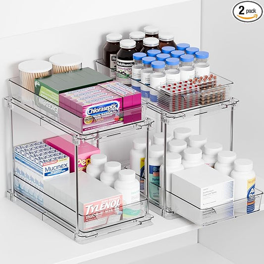 Yieach 2 Pack 2 Tier Pull Out Drawers for Medicine Cabinet Organizer,Bathroom Under Cabinet Storage,12.1??Deep Pantry and Medicine Shelf Organizer for Toiletry Product,Vitamin Bottle and Supplement
