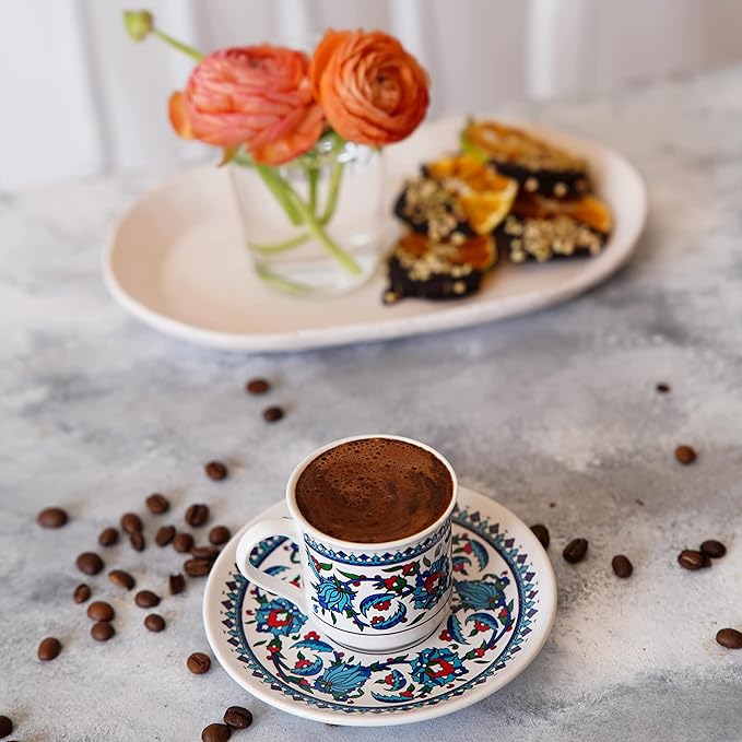 Turkish Coffee Cup Set of 6 with Saucers & Holder ??Ceramic, Dishwasher-Safe, Keeps Warm ??Patterned Turkish Espresso Cups Set for Home & Office (Set Of 6)