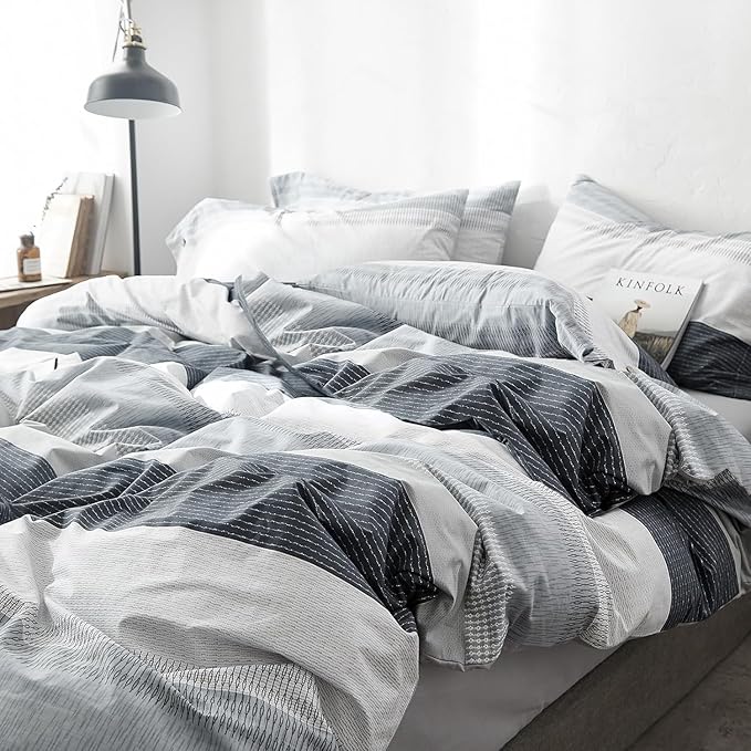 LifeTB Striped Comforter Set Queen Size, Blue Grey Stripes Pattern Printed Bedding Set, 3 Pieces Lightweight Bedding Comforter Set, Stripe Soft Fluffy Bed Set Queen Comforter with 2 Pillowcases