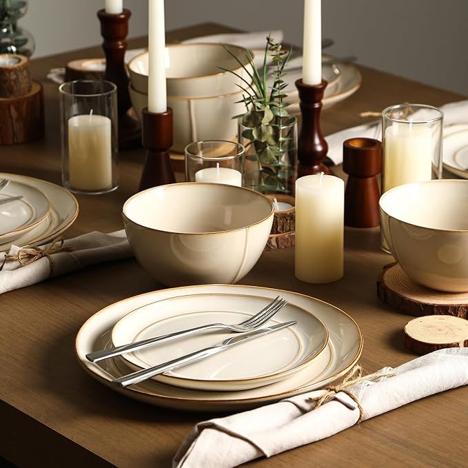 Stone Lain Infinity 12-Piece Dinnerware Set Stoneware, Plates and Bowls Set, Dishwasher and Microwave Safe, Dish Set for 4, Beige