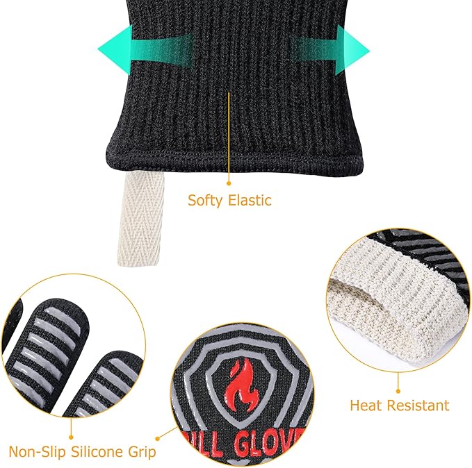 QUWIN BBQ Gloves, Oven Gloves 1472??Extreme Heat Resistant, Grilling Gloves Silicone Non-Slip Oven Mitts, Kitchen Gloves for BBQ, Grilling, Cooking, Baking-1 Pair??(Black, One Size(Long Cuff))