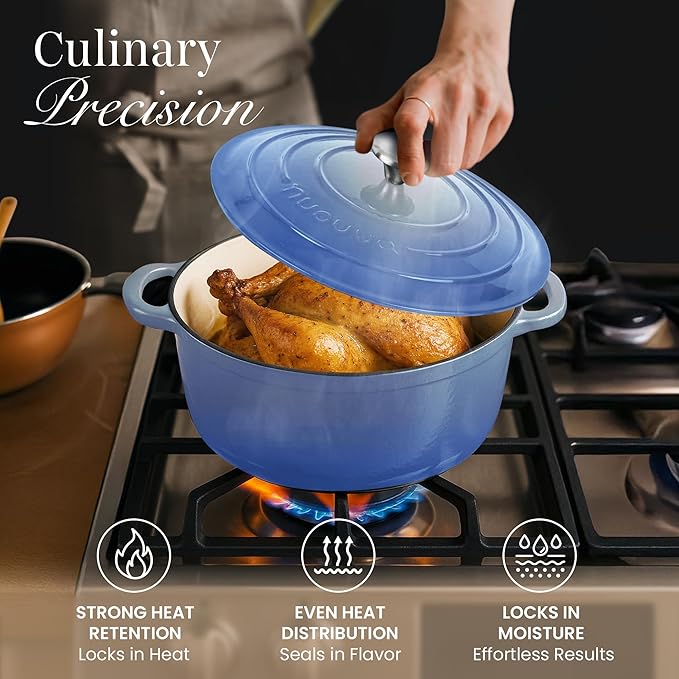 Nuovva Enamelled Cast Iron Dutch Oven Pot with Lid 6.4 Quart Non Stick Casserole Pot ??Heavy Duty & Oven Safe up to 500째 F for Bread Baking, Braising, Stews, Roasting ??28cm Costal Blue