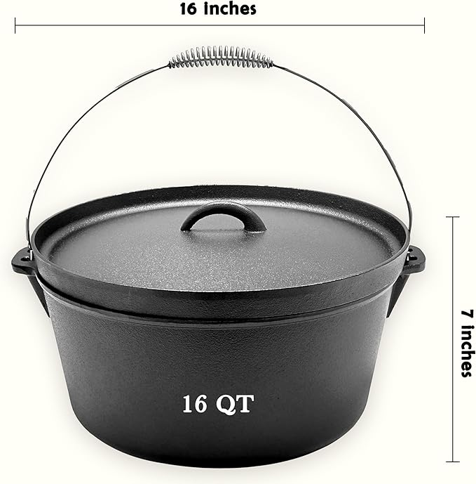 Cuisiland 16QT Cast Iron Dutch Oven with Lip Lid & Bail Handle ??Extra Large Pre-Seasoned Campfire Pot for Outdoor Cooking, Roasting, Baking & Stews ??Heavy-Duty Camping Cookware for Even Heat