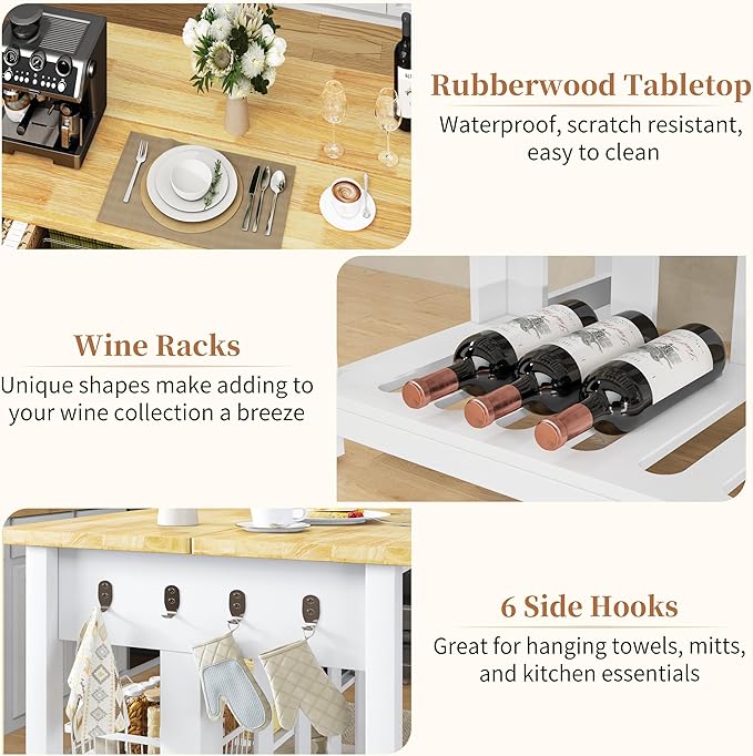 60" Solid Rubberwood Kitchen Island with Power Outlets - Extra Large Work Surface, 3 Drawers & 2 Open Shelves Storage Cabinet for Kitchen Dining Room, Farmhouse Style (White)