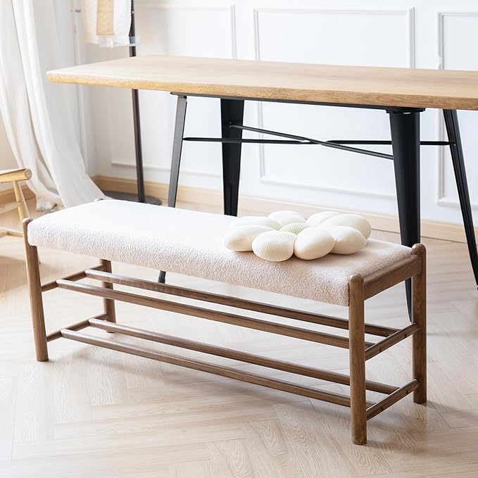 XINNAN Solid Wood Entryway Bench with Shoe Storage, Rustic Oak Wood and Sherpa Fabric 45 Inch Long Seating for Living and Dining Rooms, 3-Tier White